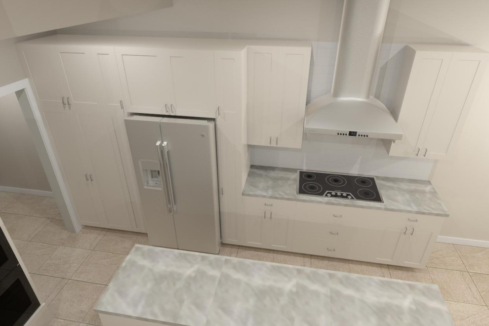 Example of a transitional u-shaped porcelain tile and beige floor kitchen pantry design with shaker cabinets, white cabinets, quartzite countertops, white backsplash, porcelain backsplash, stainless steel appliances, an island and beige countertops