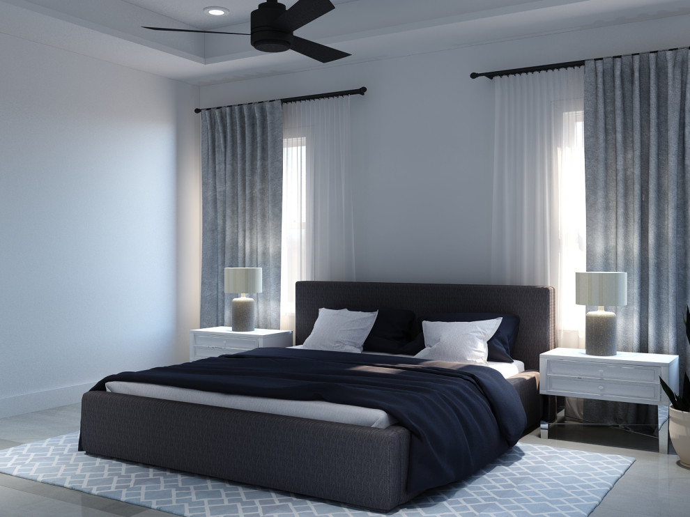 На фото: хозяйская спальня среднего размера в стиле модернизм с белыми стенами, полом из керамогранита и серым полом без камина с