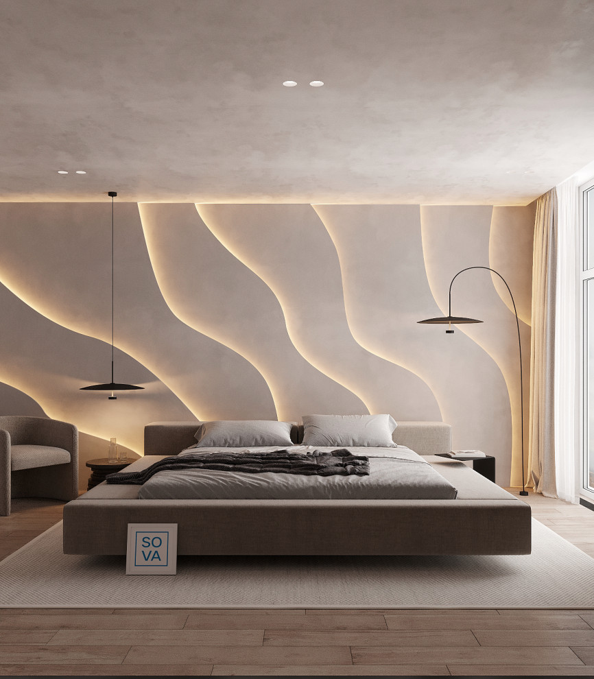 Ejemplo de dormitorio principal minimalista de tamaño medio con paredes beige, suelo laminado y suelo beige
