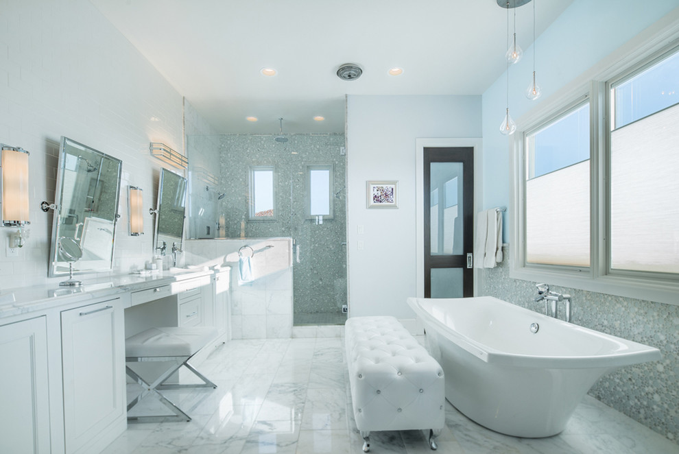 Photo of a transitional master bathroom in Austin with white tile and white walls.