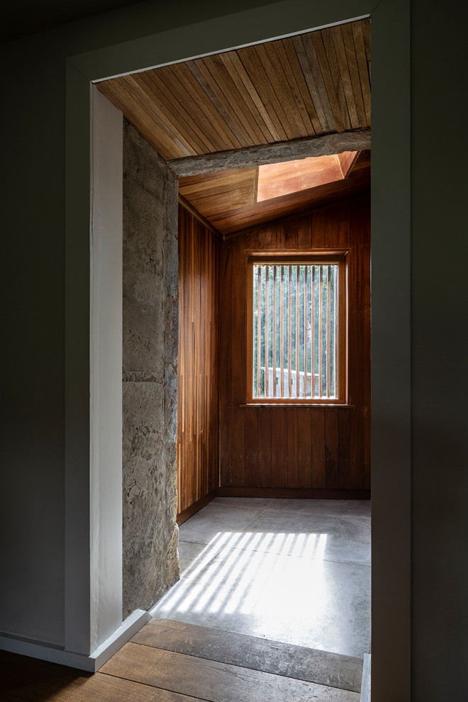 Свежая идея для дизайна: маленькая прихожая в современном стиле с коричневыми стенами, одностворчатой входной дверью, входной дверью из дерева среднего тона, потолком из вагонки и деревянными стенами для на участке и в саду - отличное фото интерьера