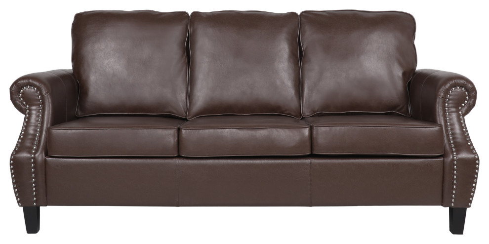 Burkehaven Contemporary Faux Leather 3 Seater Sofa, Nailhead Trim, Dark Brown