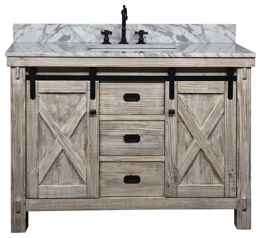 49" Rustic Solid Fir Barn Door Style Single Sink Vanity Marble Top