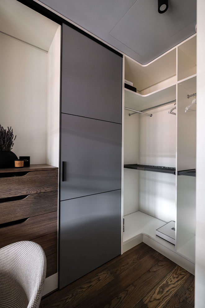 Small contemporary walk-in wardrobe in Moscow with flat-panel cabinets, grey cabinets, dark hardwood floors and brown floor.