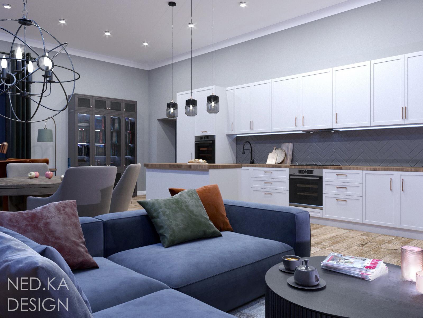 Дизайн загородного дома . Гостиная/кухня/столовая зона/каминная зона.