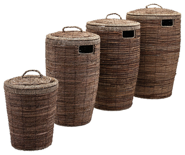 4 Piece Round Laundry Baskets With Lid And Side Cutouts Set Brown 4 Piece Round Laundry Baskets With Lid And Side Cutouts Set Brown Tropical Hampers By Benzara Woodland Imprts The Urban Port