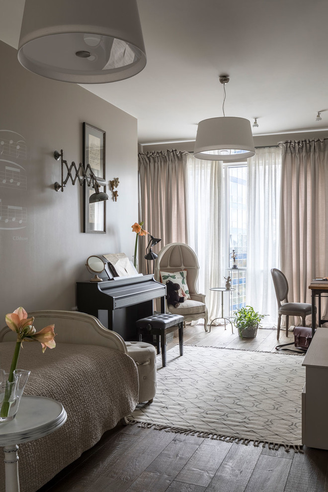 Large traditional kids' room in Moscow with grey walls, brown floor and dark hardwood floors for girls.