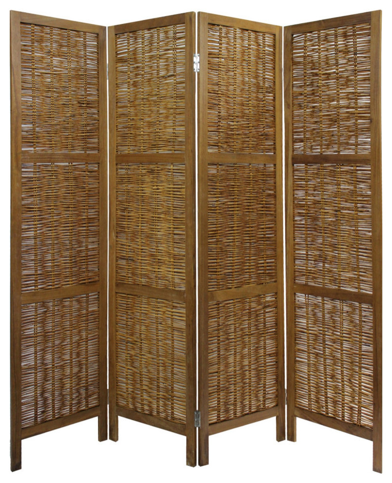 68" Cottage Style 4 Panel Screen Room Divider, Willow Weaving, Brown ...