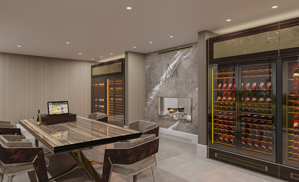 Example of a huge minimalist porcelain tile and gray floor wine cellar design in Cheshire with display racks