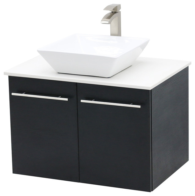 30" Wall Mount Vanity, White Stone Countertop Modern Bathroom Vanities And Sink Consoles