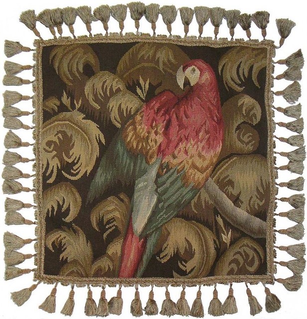 Aubusson Throw Pillow 20"x20" Parrot Tropical Bird Red Handwoven