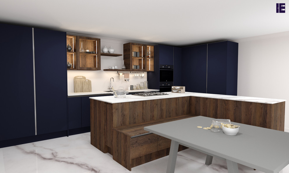 Modern inredning av ett litet vit vitt kök, med en enkel diskho, släta luckor, blå skåp, marmorbänkskiva, vitt stänkskydd, marmorgolv och turkost golv