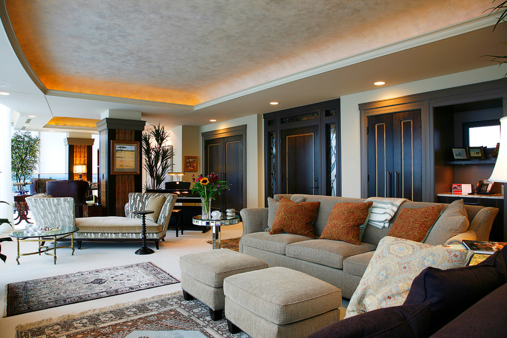 Inspiration for an expansive transitional formal open concept living room in Grand Rapids with beige walls, carpet, no fireplace, no tv and beige floor.