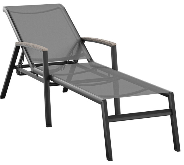 Jace Outdoor Aluminum Sling Chaise Lounge With Faux Wood Accent Arms