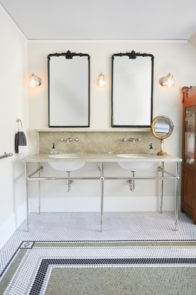 Photo of a large master bathroom in New York with open cabinets, green cabinets, a freestanding tub, an alcove shower, a bidet, green tile, stone slab, white walls, ceramic floors, a console sink, quartzite benchtops, multi-coloured floor, a hinged shower door, green benchtops, a shower seat, a double vanity and a freestanding vanity.