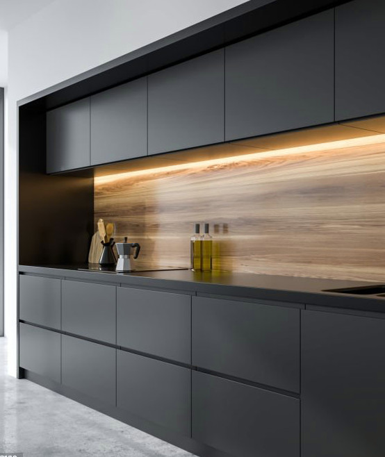 This is an example of a medium sized modern single-wall open plan kitchen in Miami with flat-panel cabinets, quartz worktops and black worktops.