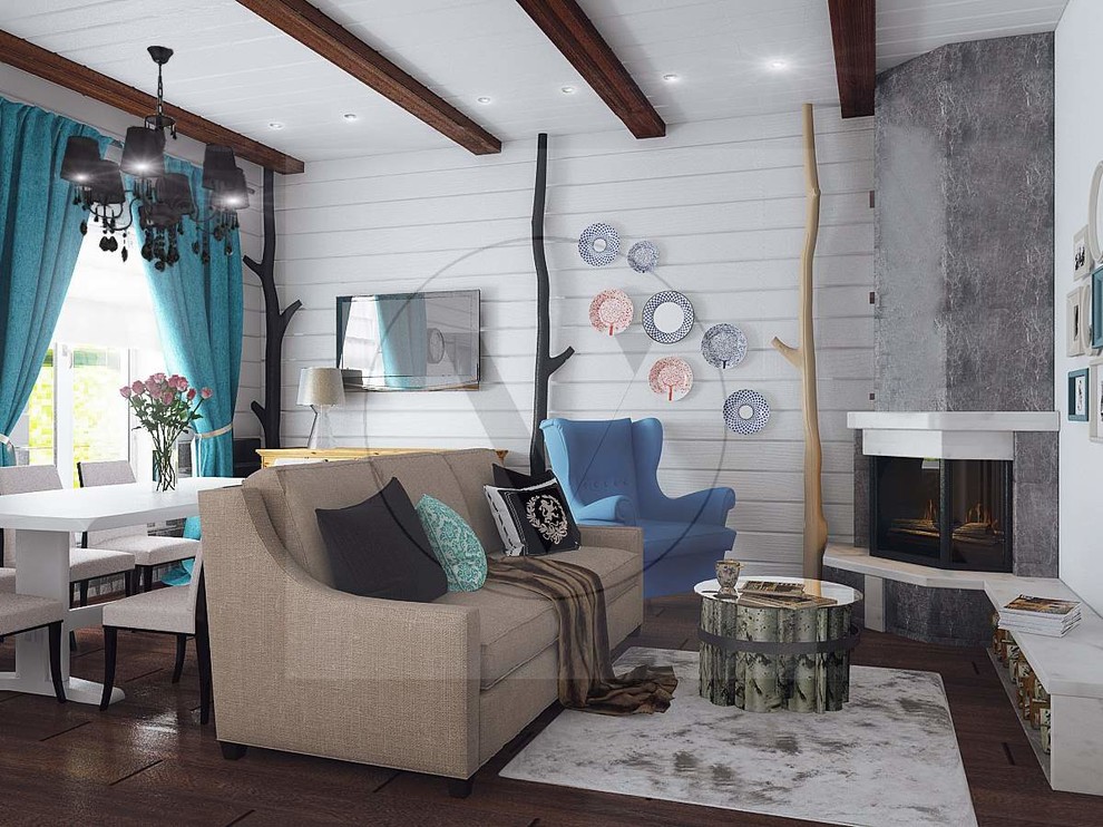 Угловой камин в гостиной