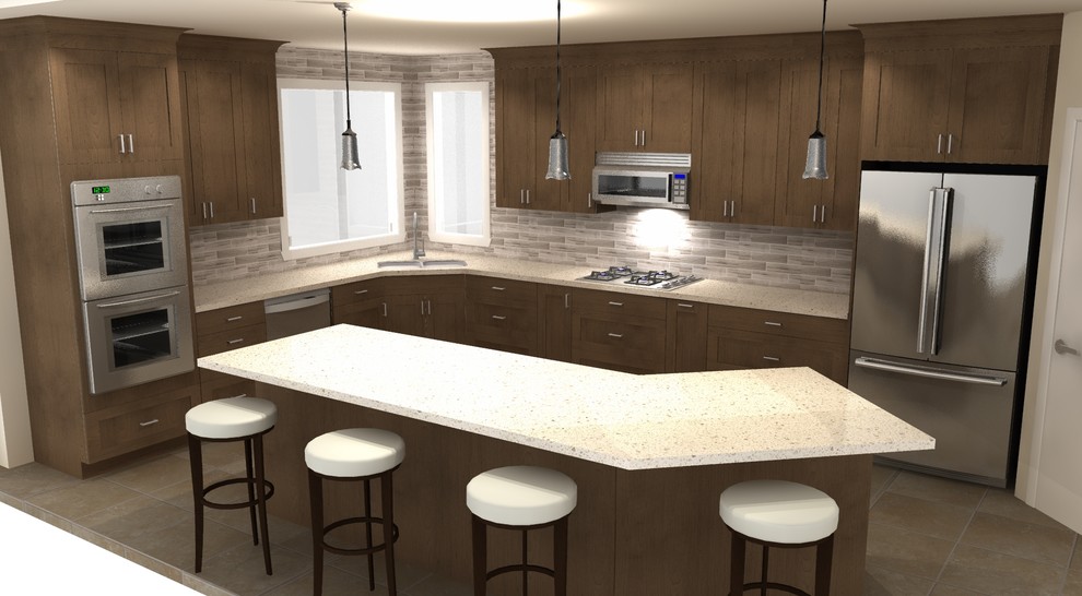 Inspiration for a mid-sized transitional porcelain tile open concept kitchen remodel in Seattle with an undermount sink, shaker cabinets, brown cabinets, quartzite countertops, gray backsplash, porcelain backsplash, stainless steel appliances and an island