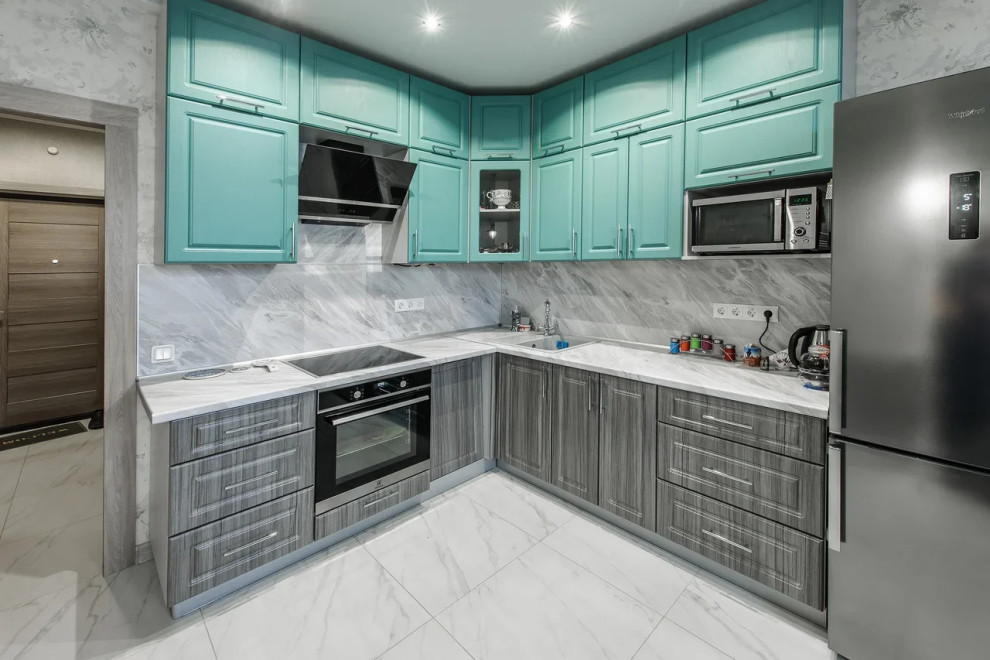 Design ideas for a mid-sized contemporary l-shaped separate kitchen in Saint Petersburg with a single-bowl sink, recessed-panel cabinets, turquoise cabinets, wood benchtops, white splashback, stone tile splashback, stainless steel appliances and white benchtop.