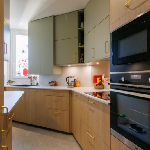 Photo of a small kitchen in Paris with an undermount sink, green cabinets, granite benchtops, beige splashback, granite splashback, travertine floors, beige floor and beige benchtop.