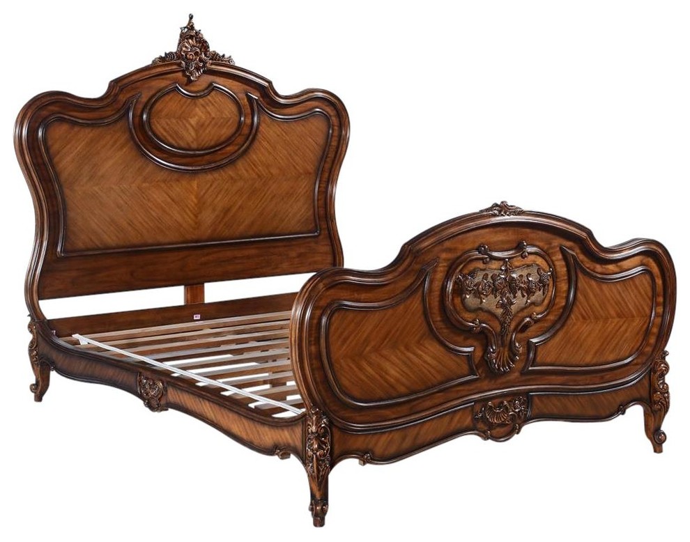 Bed Louis XV Rococo Queen Flame Mahogany Hand Carved Bookmatched Wood