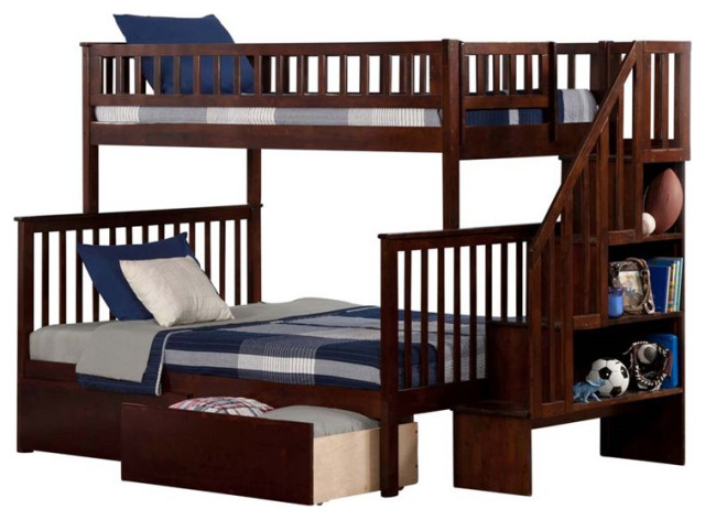 AFI Woodland Twin Over Full Staircase Storage Wood Bunk Bed in Walnut