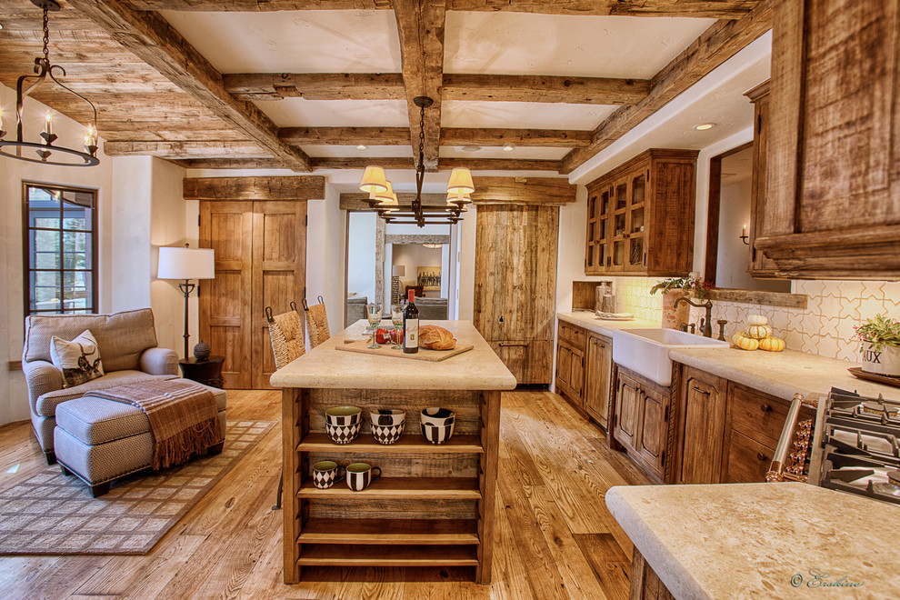 Inspiration for a country kitchen in Sacramento with a farmhouse sink and medium wood cabinets.