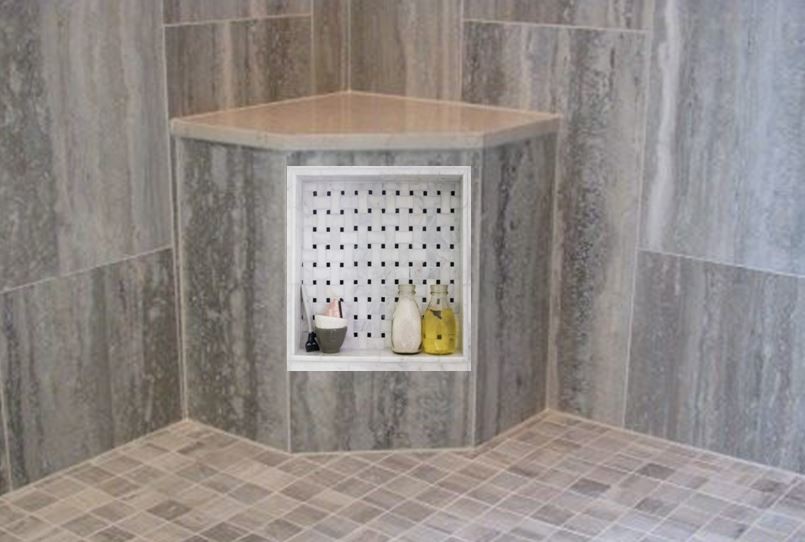 Quartz Corner Shelves in the Shower  Shower corner shelf, Shower niche, Corner  shower tile
