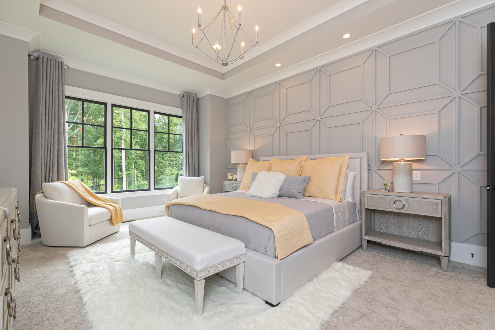 This is an example of a mid-sized transitional master bedroom in Atlanta with grey walls, carpet, grey floor, recessed, no fireplace and panelled walls.
