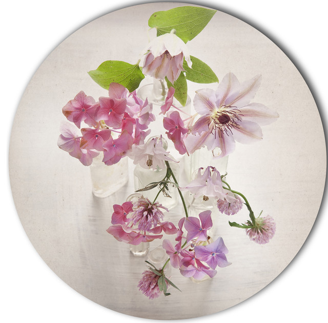 Vintage Pink Flowers, Floral Art Painting Disc Metal Artwork, Disc of