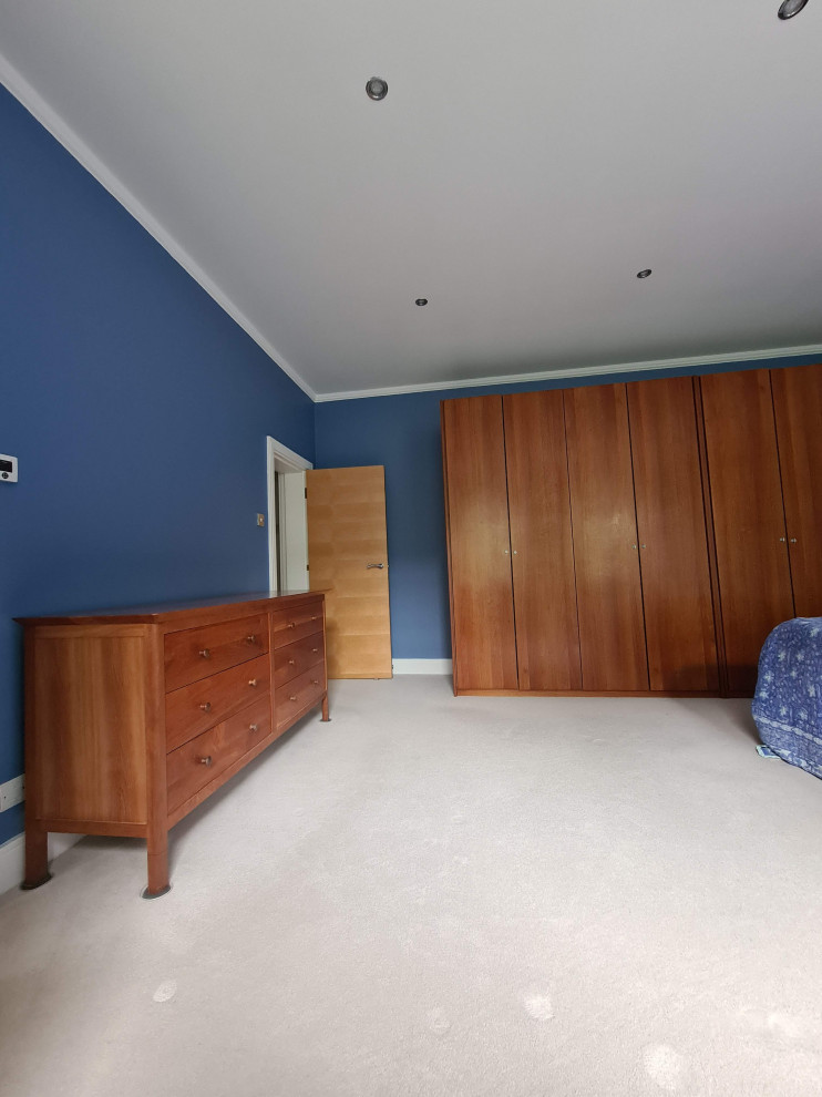 Пример оригинального дизайна: огромная хозяйская спальня: освещение в классическом стиле с синими стенами, ковровым покрытием, бежевым полом и многоуровневым потолком
