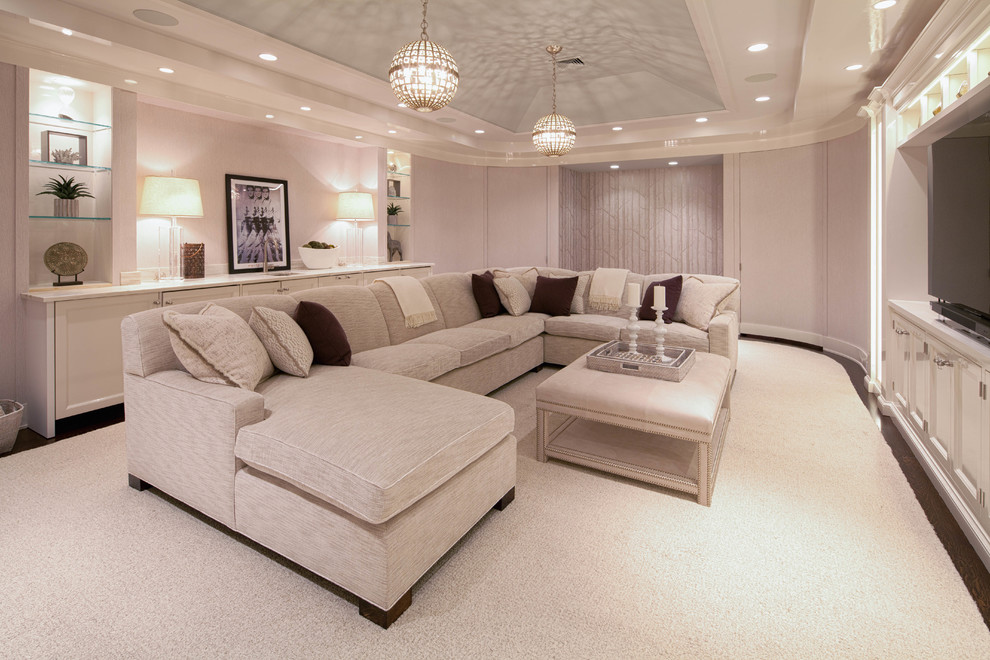 Photo of a large contemporary walk-out basement in Other with beige walls, dark hardwood floors, no fireplace and white floor.