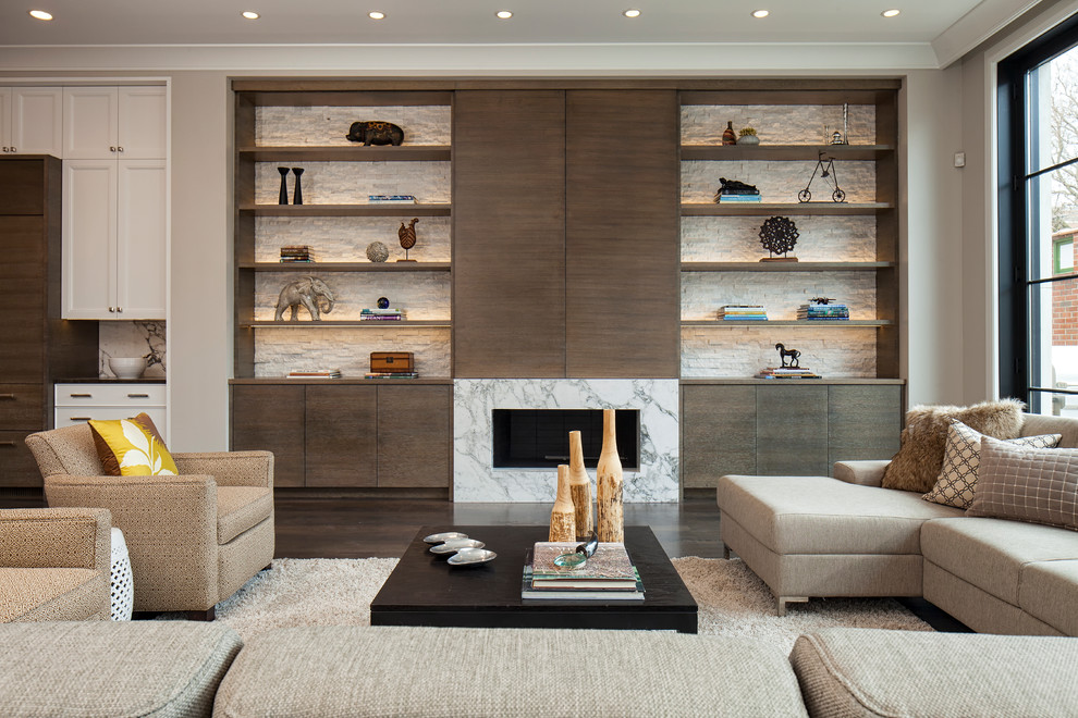 Photo of a contemporary family room in Chicago with grey walls, dark hardwood floors, a ribbon fireplace, a stone fireplace surround, a concealed tv and brown floor.