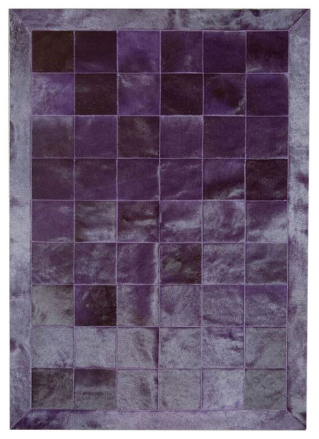 Patchwork Leather Cubed Cowhide Rug, Plain Violet With Border, 200x300 cm