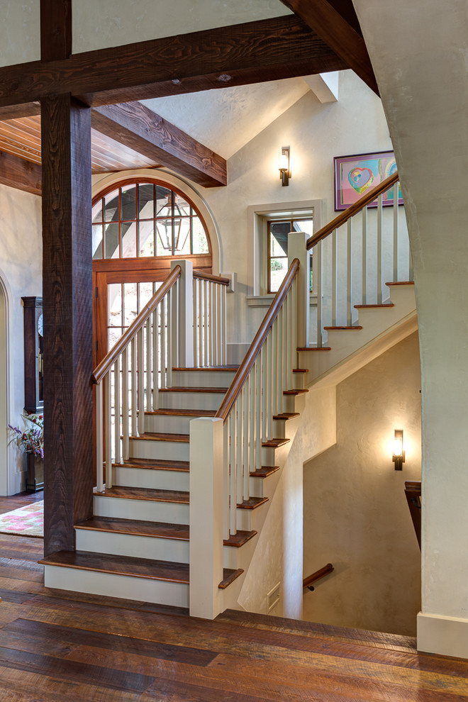 Design ideas for a country painted wood l-shaped staircase in Other with wood risers.