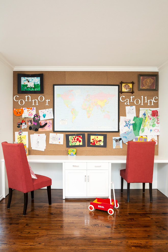Photo of a large country gender-neutral kids' study room for kids 4-10 years old in Dallas with white walls, brown floor and dark hardwood floors.