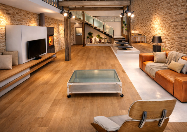 R&eacute;novation d&rsquo;une grange en pierre &ndash; Dordogne contemporary-vardagsrum