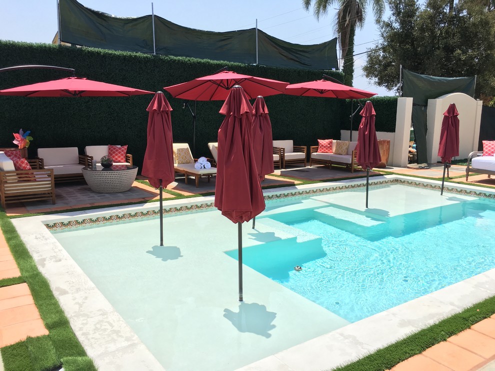 Large contemporary backyard rectangular pool in San Diego.