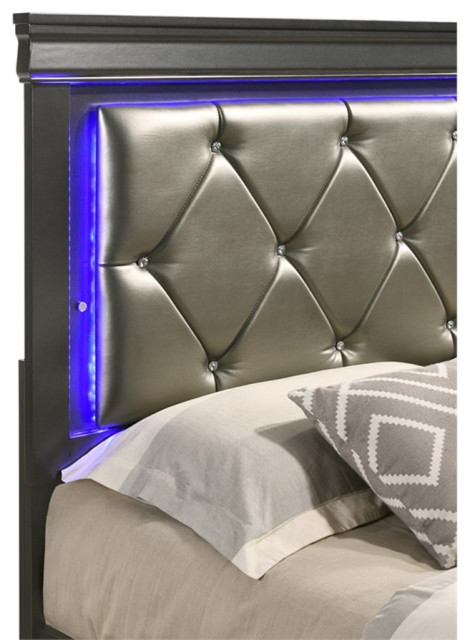 Brooklyn Full 5 Pc Tufted Upholstery LED Bedroom set made with Wood in Gray - Transitional ...