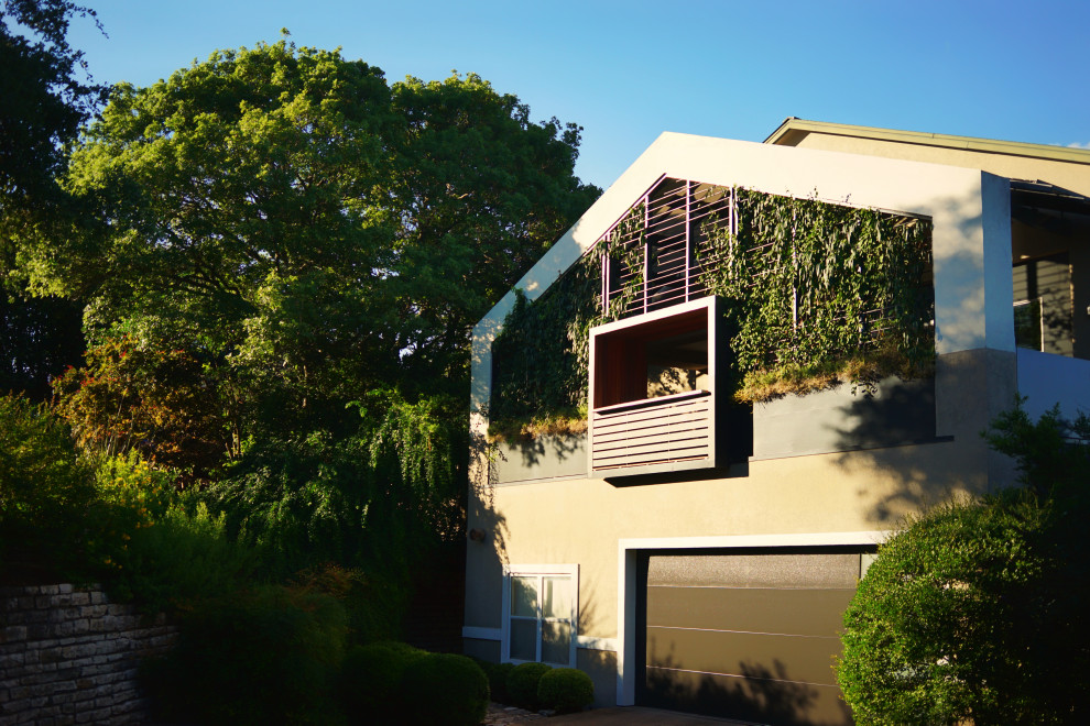 Источник вдохновения для домашнего уюта: двухэтажный, серый, маленький частный загородный дом в стиле модернизм с двускатной крышей, зеленой крышей, черной крышей и облицовкой из цементной штукатурки для на участке и в саду