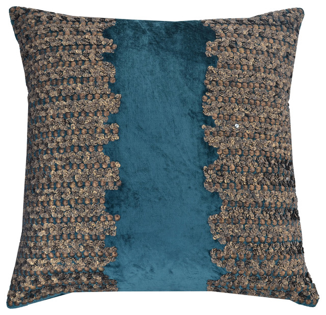 Velvet Pillow With Beadwork, Teal and Gold, 20"x20"