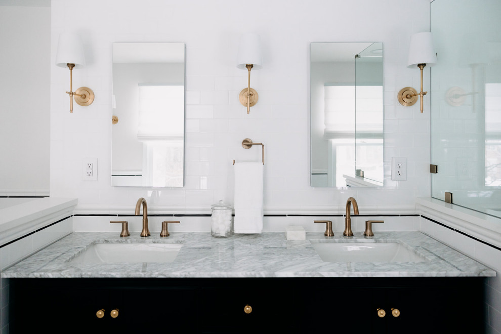 Inspiration for a transitional bathroom in Detroit with black cabinets, a freestanding tub, an open shower, white walls, ceramic floors, a double vanity and a freestanding vanity.