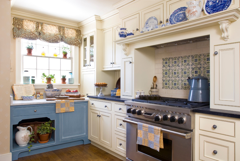 Photo of a country kitchen in New York with beaded inset cabinets, ceramic splashback, white cabinets, stainless steel appliances and medium hardwood floors.