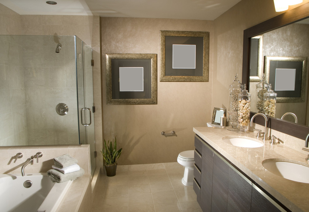 Inspiration for a large contemporary master bathroom in Boston with an undermount sink, flat-panel cabinets, brown cabinets, granite benchtops, an undermount tub, a curbless shower, beige tile, stone tile, beige walls and travertine floors.