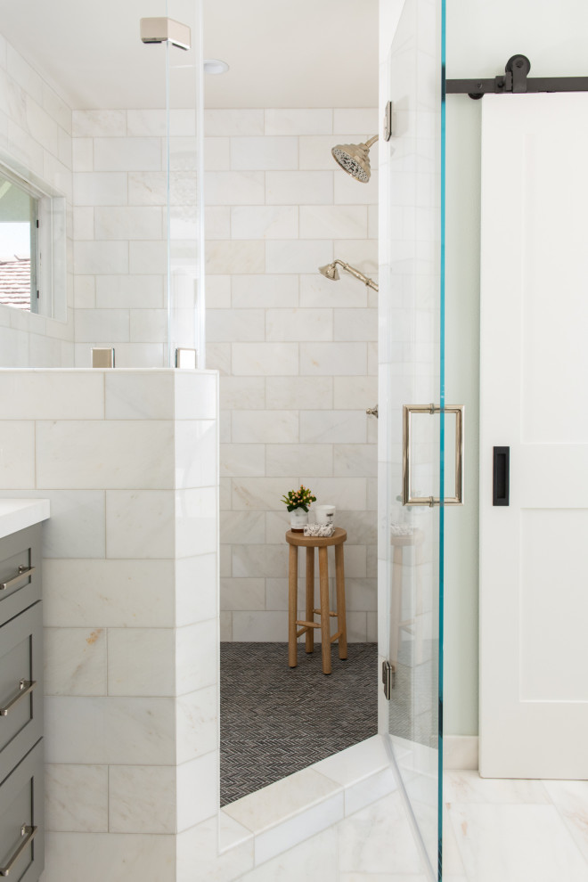 Inspiration for a mid-sized transitional master marble floor, white floor and double-sink bathroom remodel in Orange County with gray cabinets, a drop-in sink, quartz countertops, a hinged shower door, white countertops and a built-in vanity