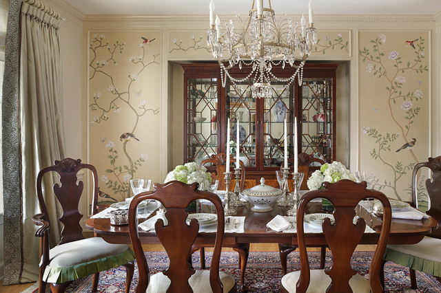 Traditional dining room featuring De Gournay wallpaper american-traditional-dining-room