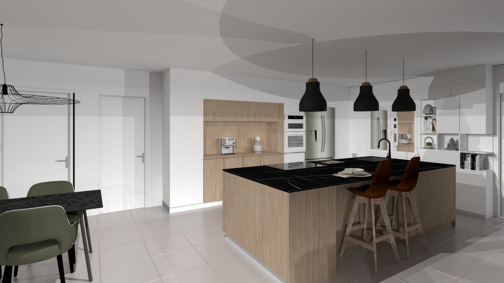 Medium sized contemporary open plan games room in Montpellier with a reading nook, white walls, ceramic flooring, a wood burning stove, a built-in media unit and grey floors.
