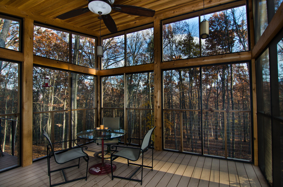Photo of a modern backyard verandah in DC Metro with a roof extension.