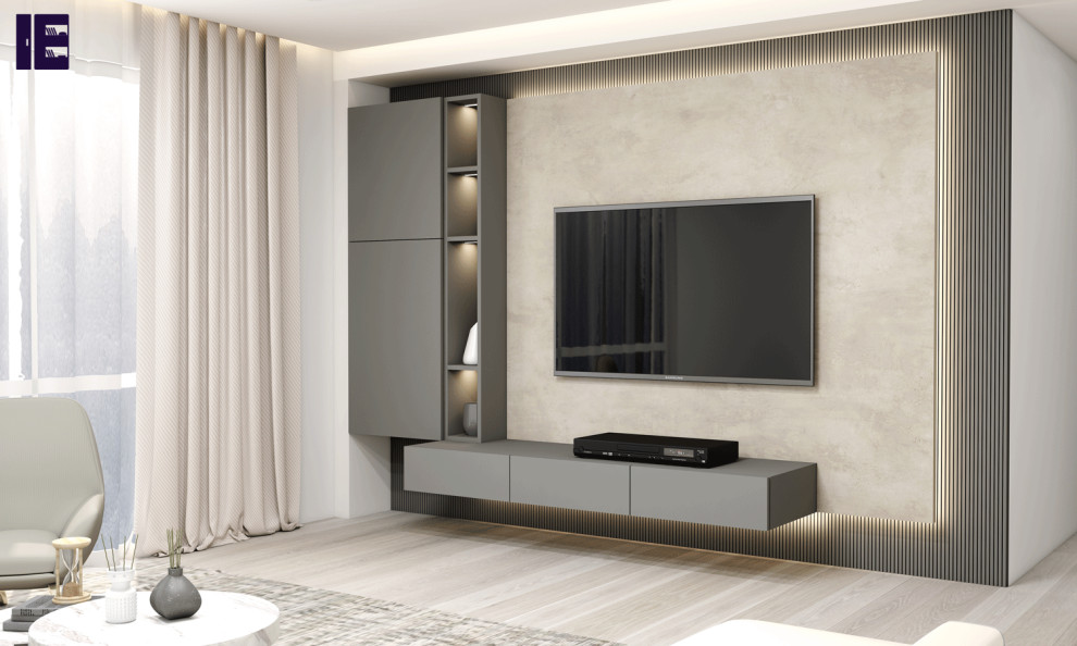 Design ideas for a small modern open concept home theatre in London with a built-in media wall.