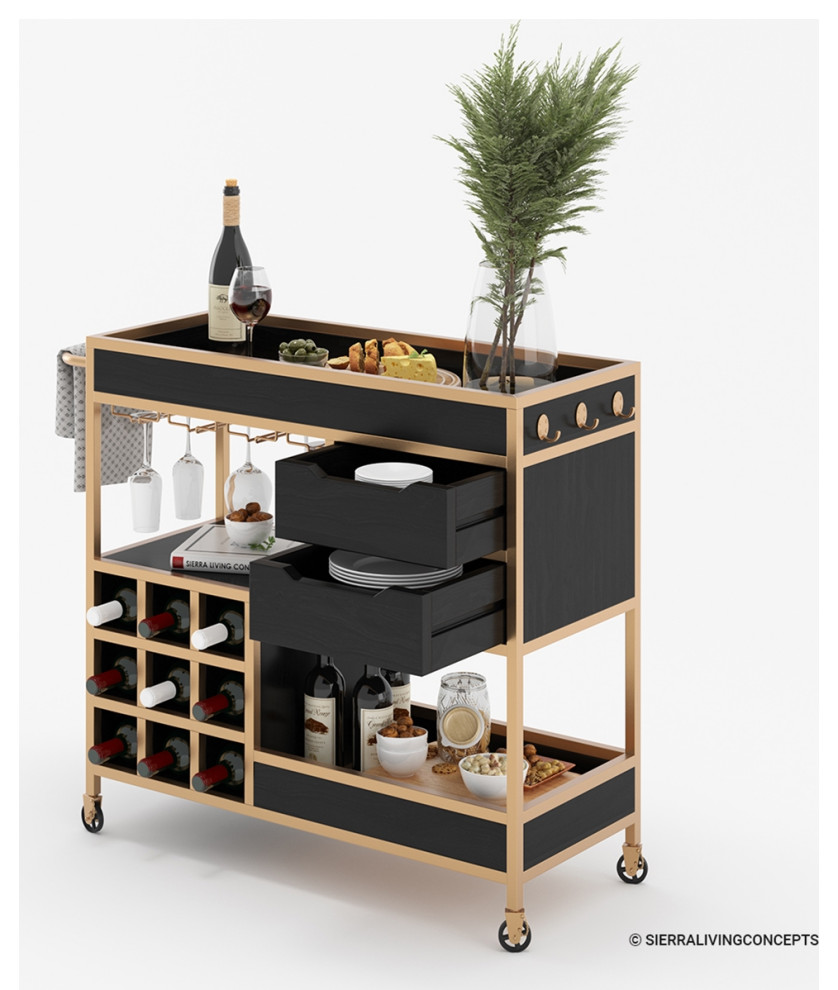 Martella Modern Solid Wood Black and Gold Bar Cart with Drawer - Rustic - Dining Tables - by ...